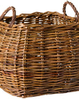 Woven square basket with handles on a white background.