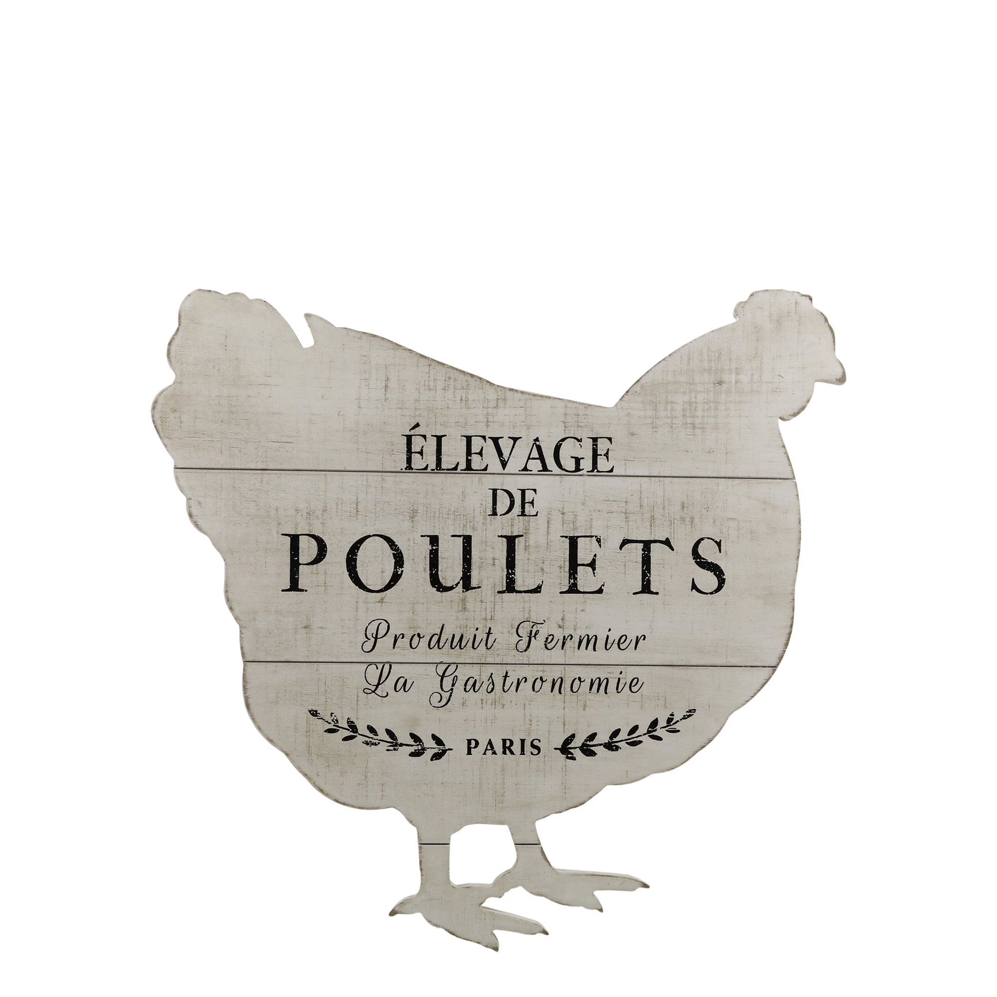 Chicken shaped sign with writing.