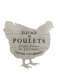 Chicken shaped sign with writing.