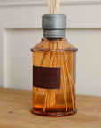 Vintage Leather Reed Diffuser side view on wooden console