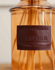 Vintage Leather Reed Diffuser close up of leather label