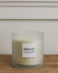 Sences Alang Alang White three wick candle in frosted glass on wooden table.