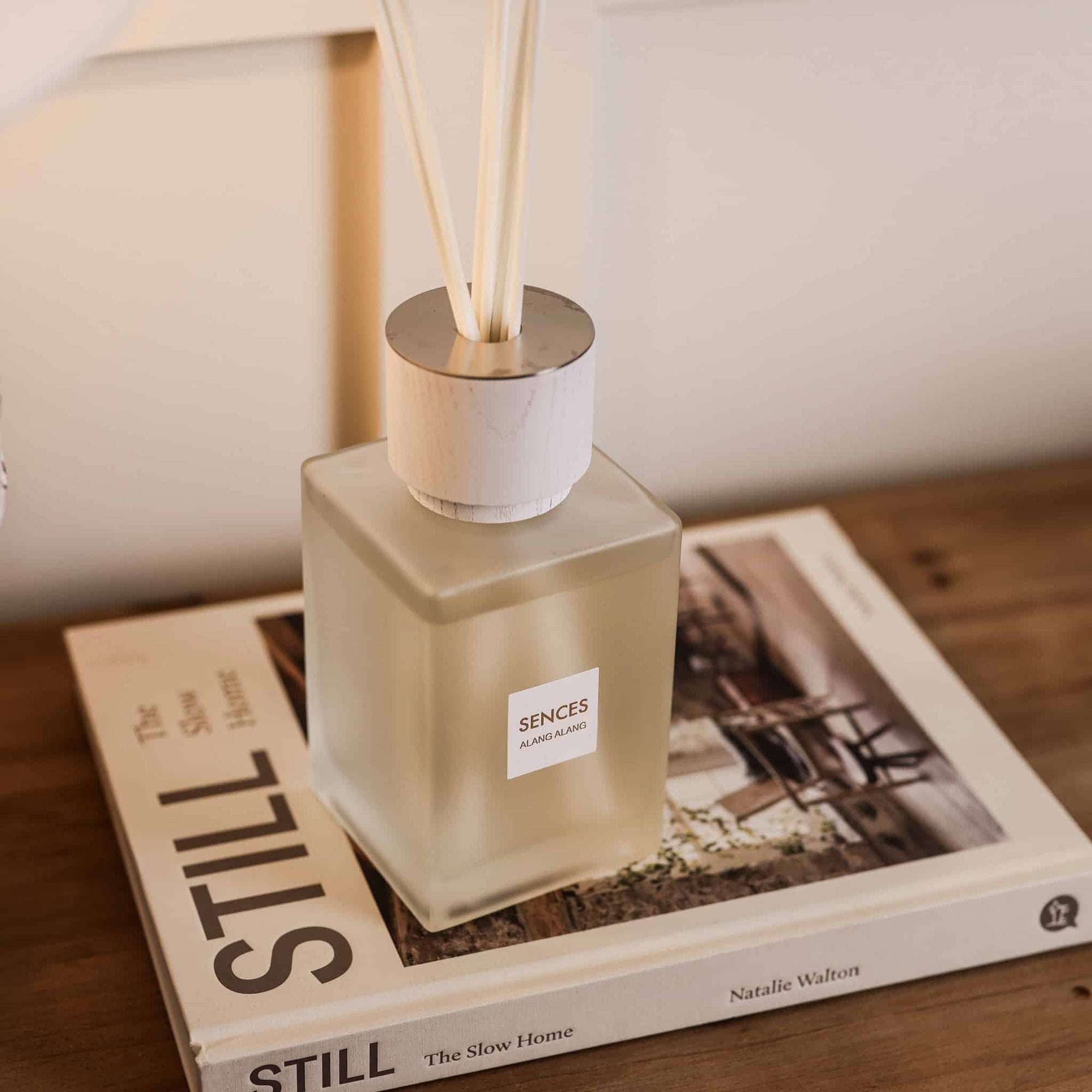 Sences Alang Alang White Reed Diffuser on display book