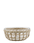 Large glass and wicker bowl.
