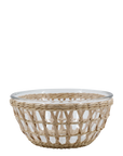 Medium glass and wicker bowl.