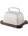 cream stoneware butter dish with acacia wood base