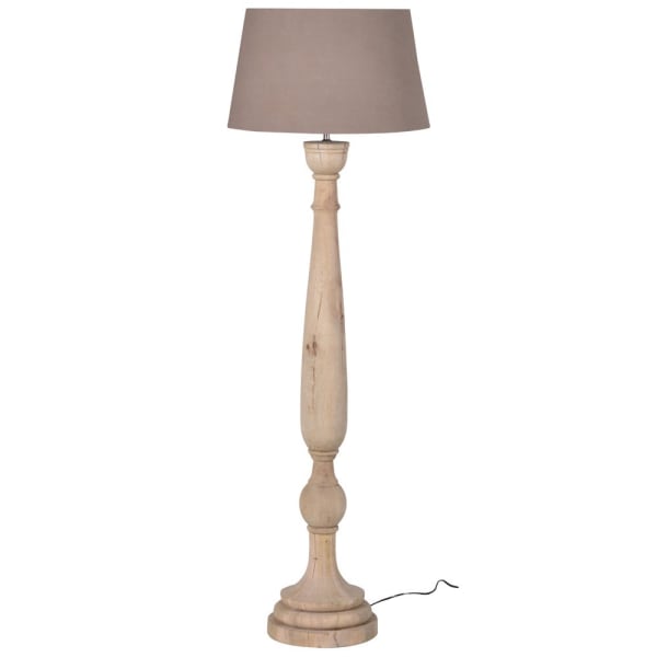 Tall wooden floor lamp with linen shade.