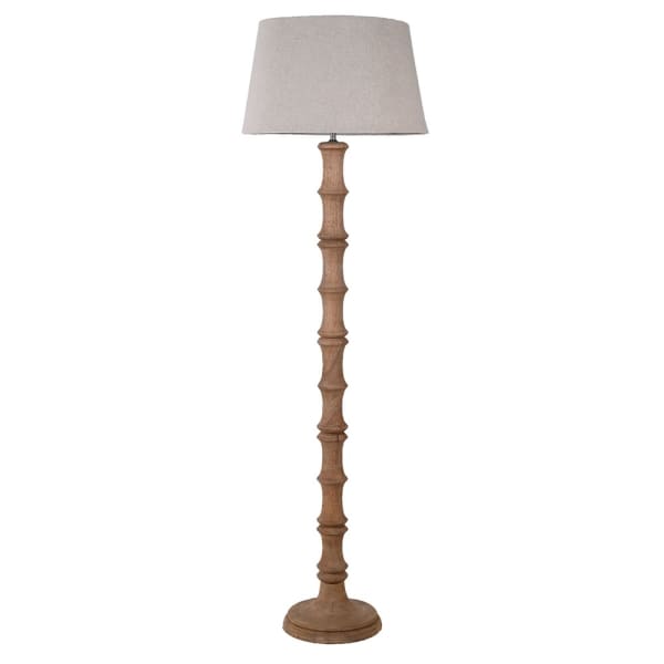 Bamboo look wooden floor lamp with linen shade.