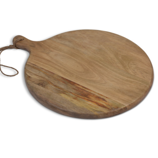 Round wooden serving board with jute rope loop.