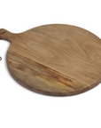 Round wooden serving board with jute rope loop.