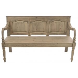 Vintage wooden bench with back and three panels.