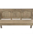 Vintage wooden bench with back and three panels.