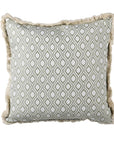 Green and white cushion cover with fringed edge and ogee pattern.