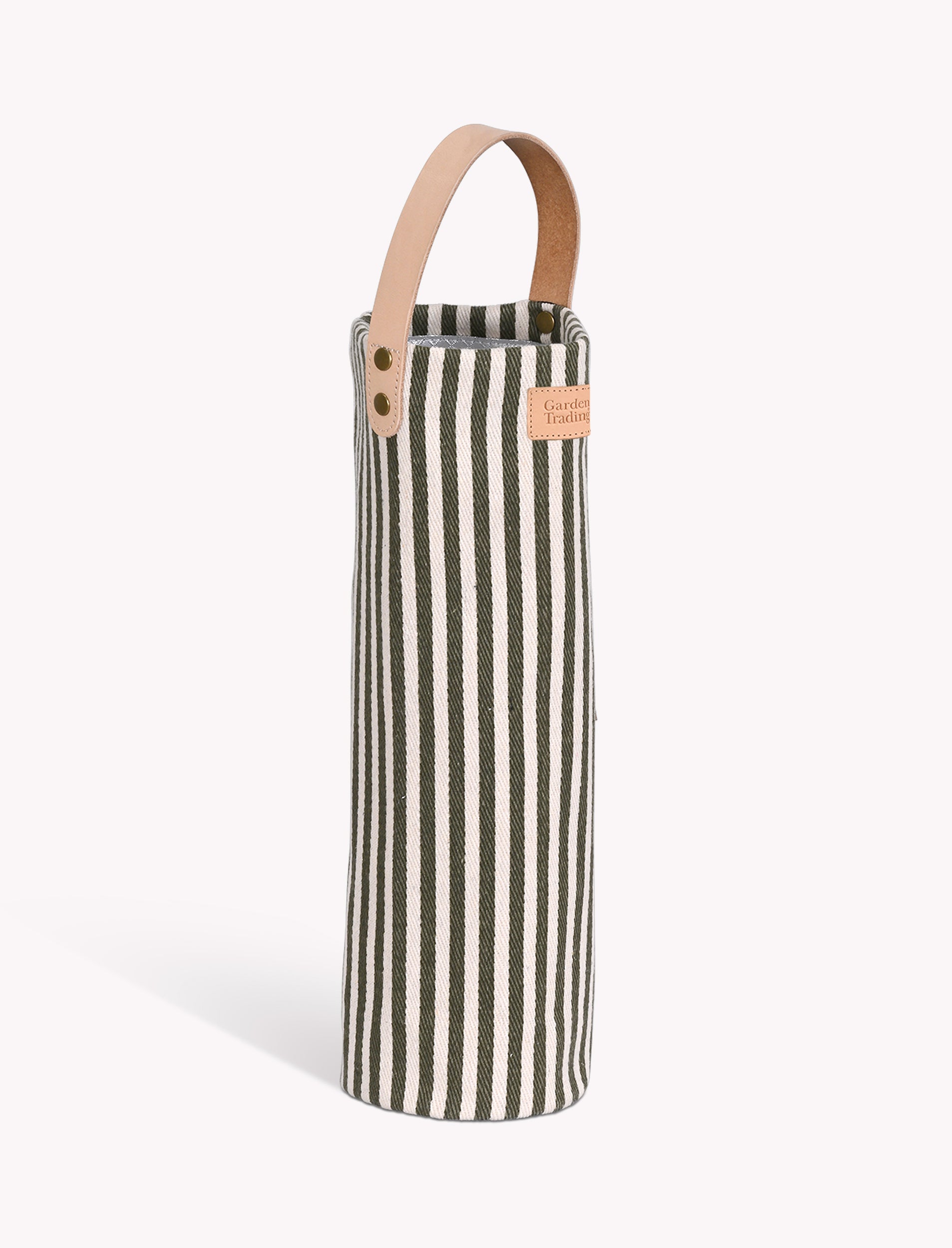 Striped wine bottle bag with a leather strap on a white background