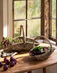 Rattan garden trug baskets on a wooden table with plums and greenery near a window