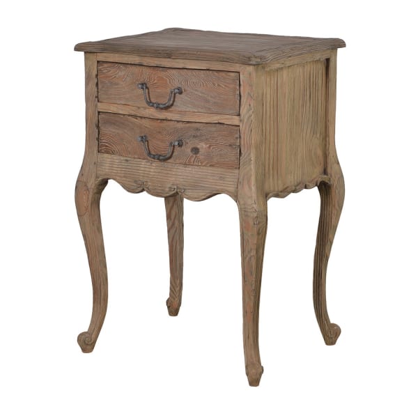 Reclaimed wood beside table with two drawers closed.