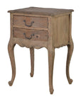 Reclaimed wood beside table with two drawers closed.