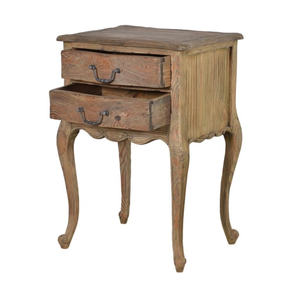 Reclaimed wood beside table with two drawers open.