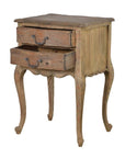 Reclaimed wood beside table with two drawers open.