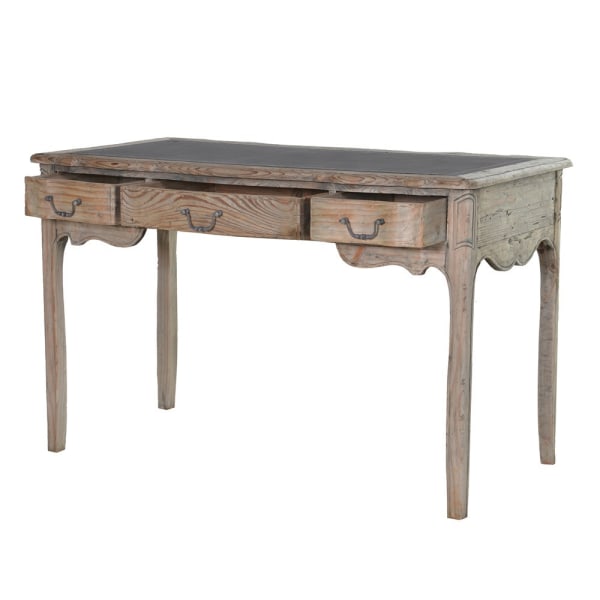 Reclaimed wood writing desk with three drawers open.