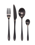 Black cutlery set with fork, spoon, knife and tea spoon.