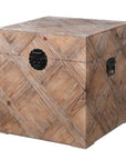 Carved effect wooden trunk with black buckles.