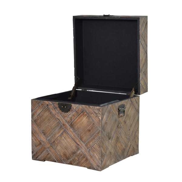 Carved effect wooden trunk open with black lining.