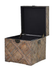 Carved effect wooden trunk open with black lining.