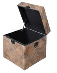 Carved effect wooden trunk open with black lining, side view.
