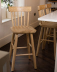 Three Farmhouse Bar Stools With Backs in dark wood kitchen.