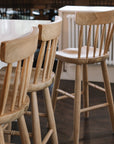Three Farmhouse Bar Stools With Backs in dark wood kitchen.