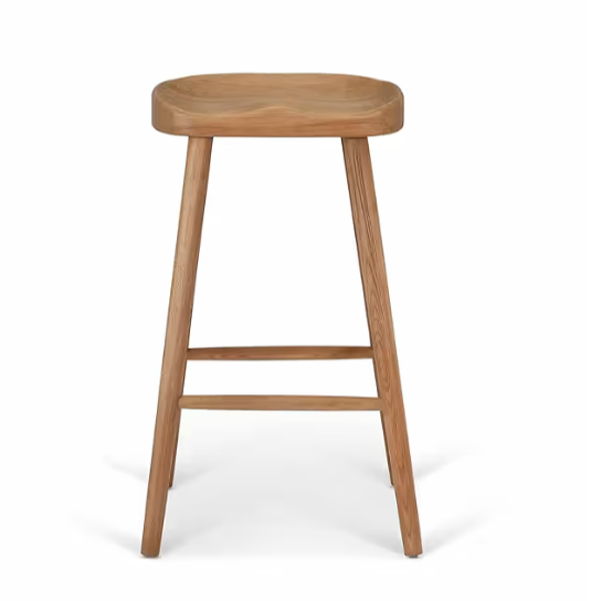 Product image of backless wooden bar stool with curved seat and footrests.