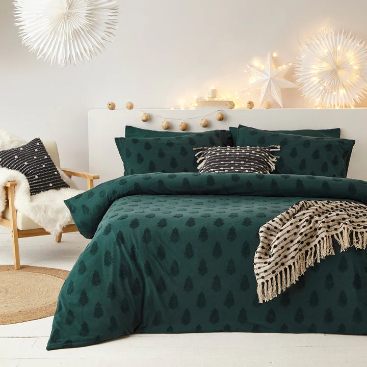 Festive Forest Christmas Bedding Set Pine Green Silver Mushroom