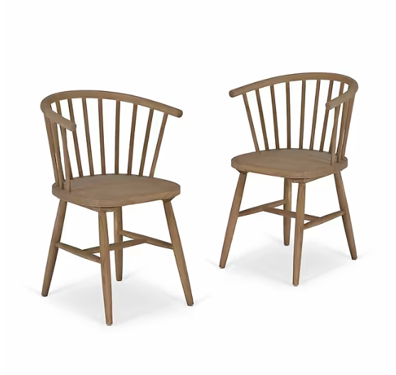 2 vintage inspired wooden carver chairs with curved back and spindles.