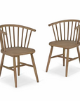 2 vintage inspired wooden carver chairs with curved back and spindles.