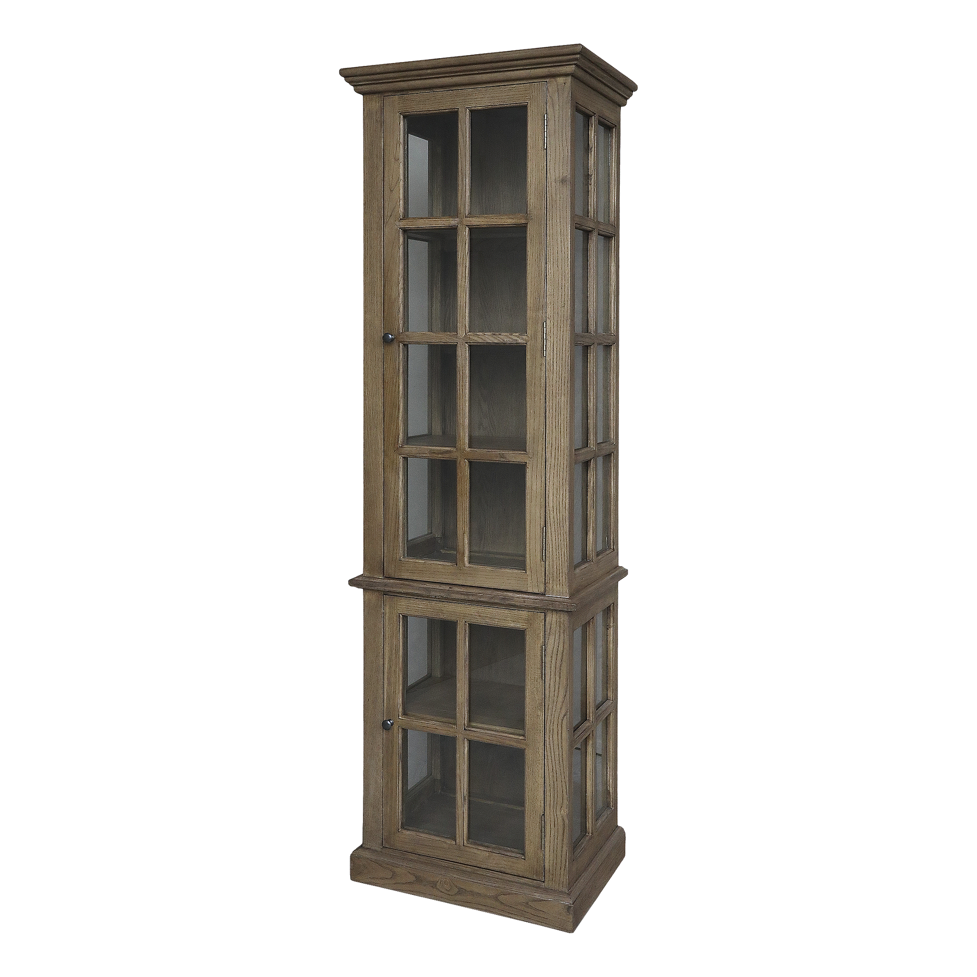 Natural wood display cabinet with glass doors product image.