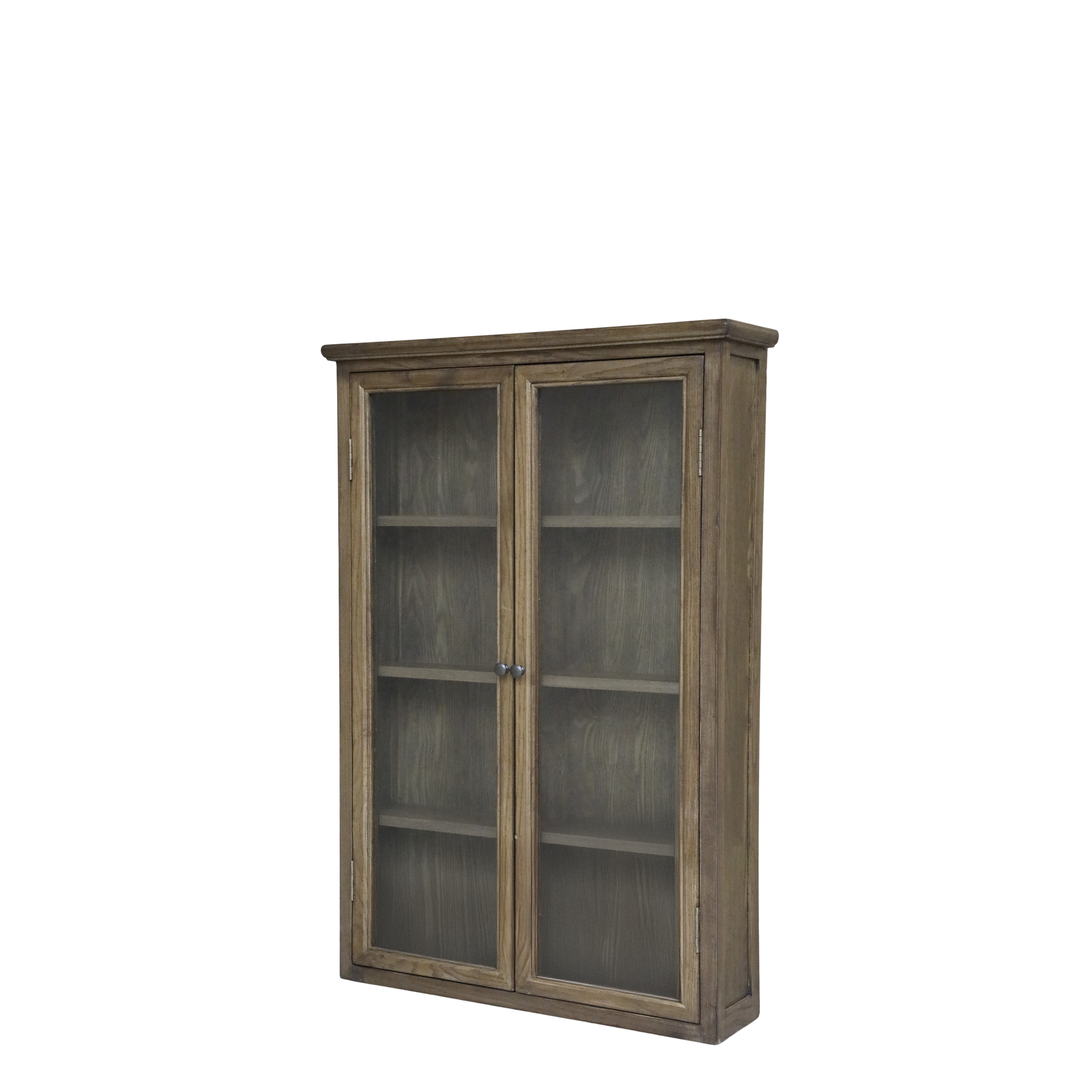Natural wooden wall cabinet with 3 shelves and glass doors.