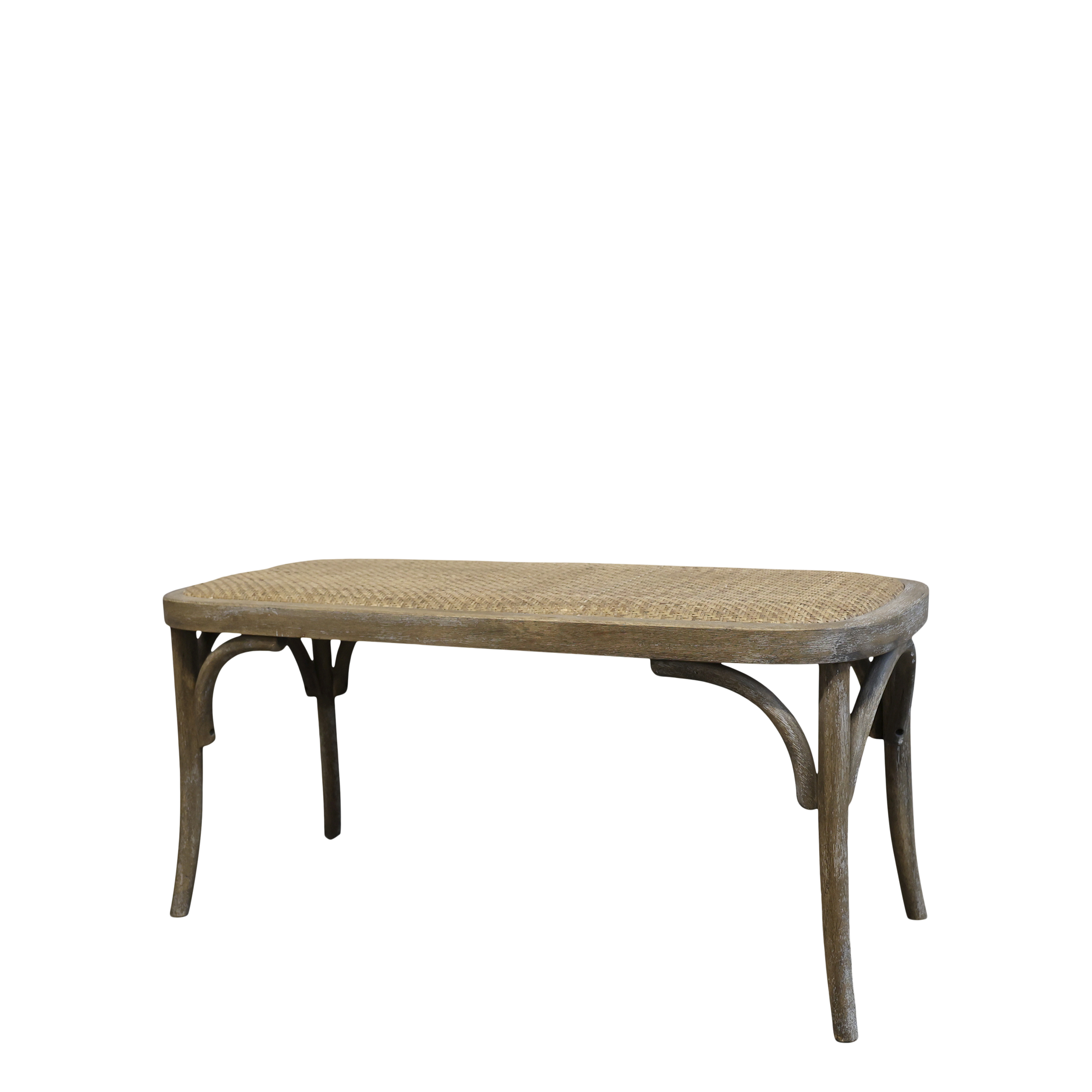 product image of a natural coloured rattan dining bench.