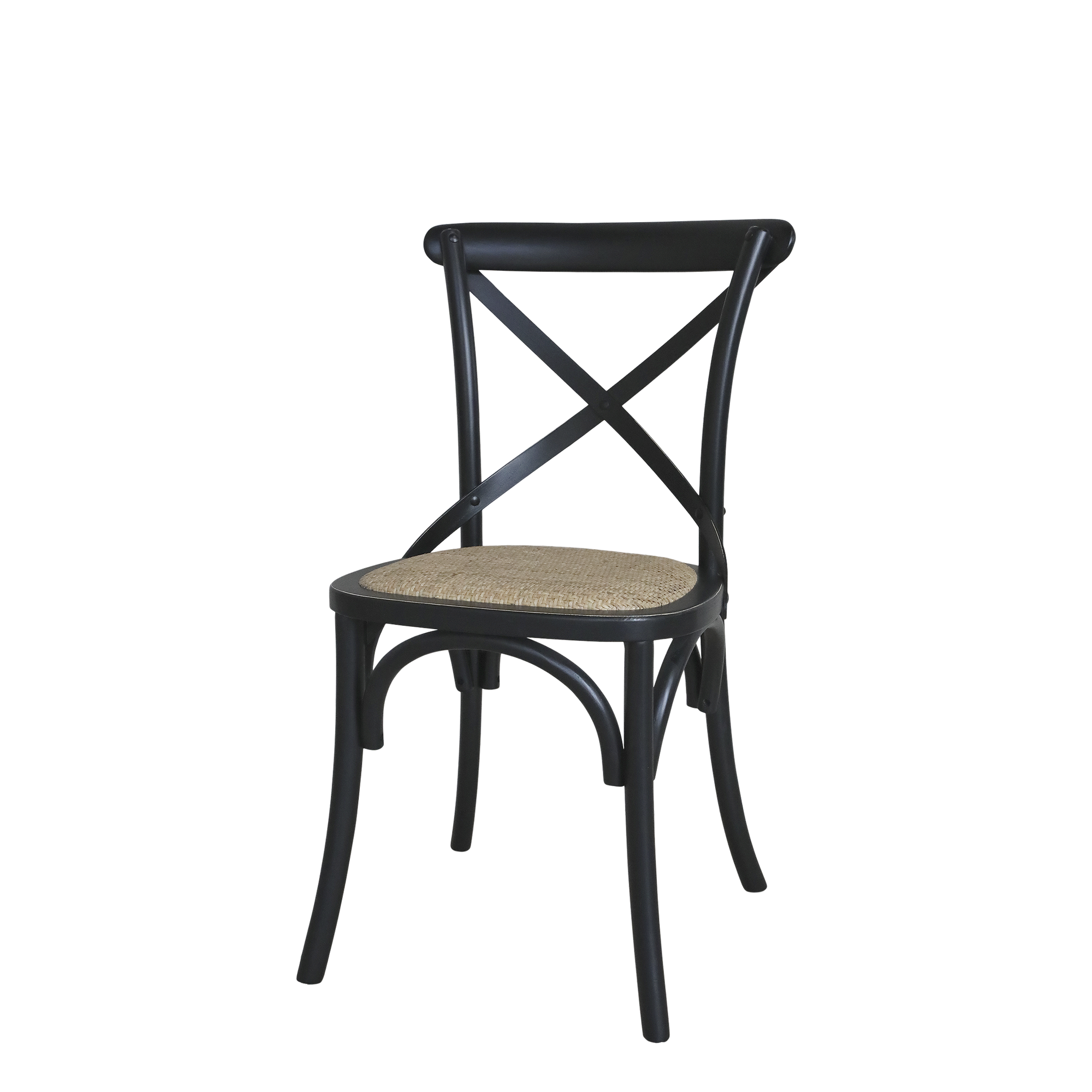 Black wooden dining chair with natural wicker seat.
