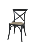 Black wooden dining chair with natural wicker seat.
