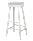 Tall white bar stool with 2 foot rails and curved seat.