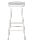 Tall white bar stool with 2 foot rails and curved seat.