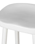 Close up of curved stool seat on white wooden stool.