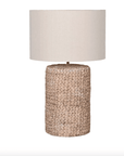 Tall rope effect neutral vase with white linen shade.