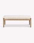 Wooden bench seating with cushions on a white background