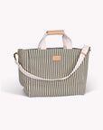 Striped picnic bag with a wooden handle on a white background