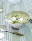 Patrycja Serving Bowl with Spoon filled with tzatziki on green table cloth.