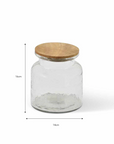 Glass storage jar with wooden lid and dimensions.