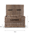 Rattan laundry basket with light and dark labels.