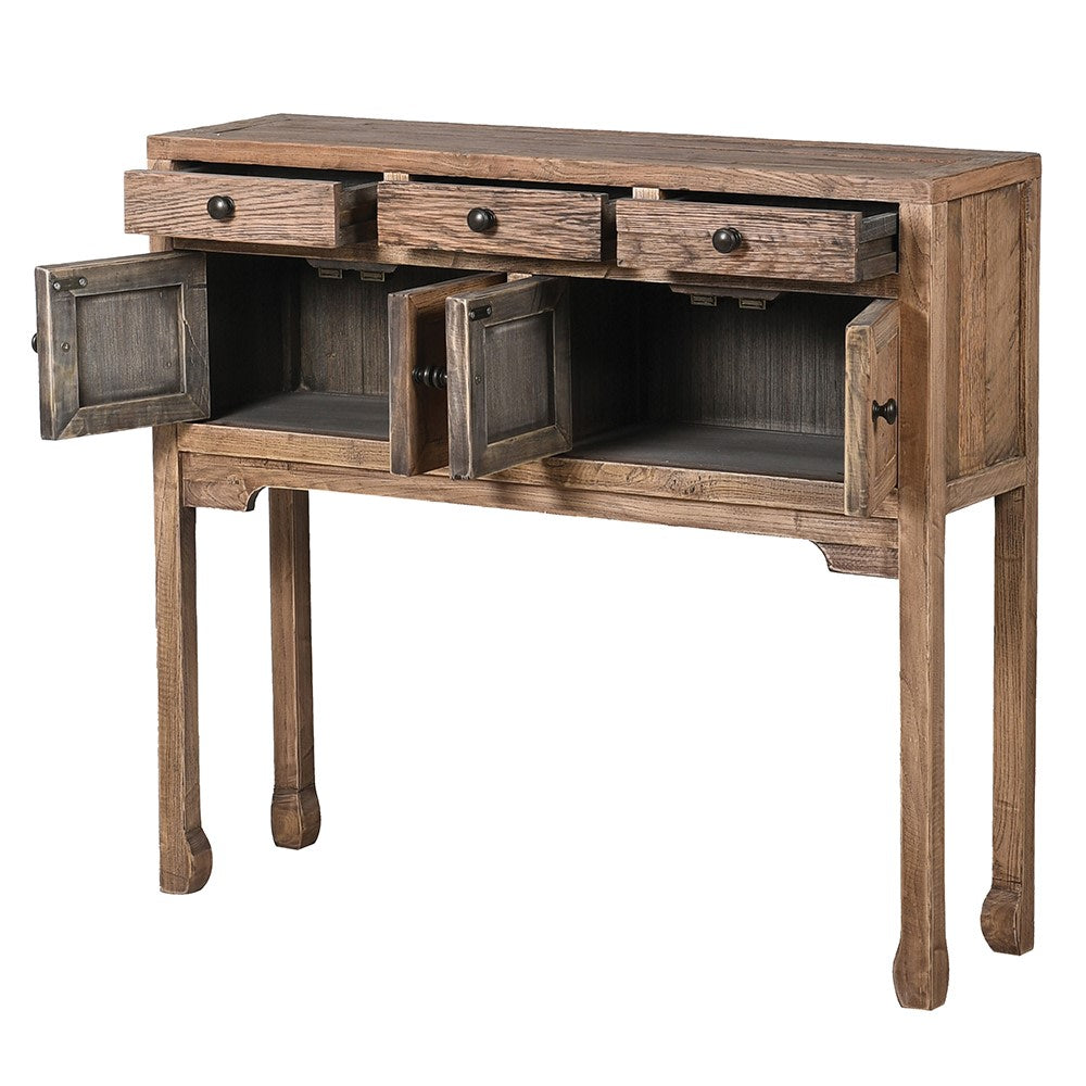 Reclaimed wooden console table with drawers and open cupboards.